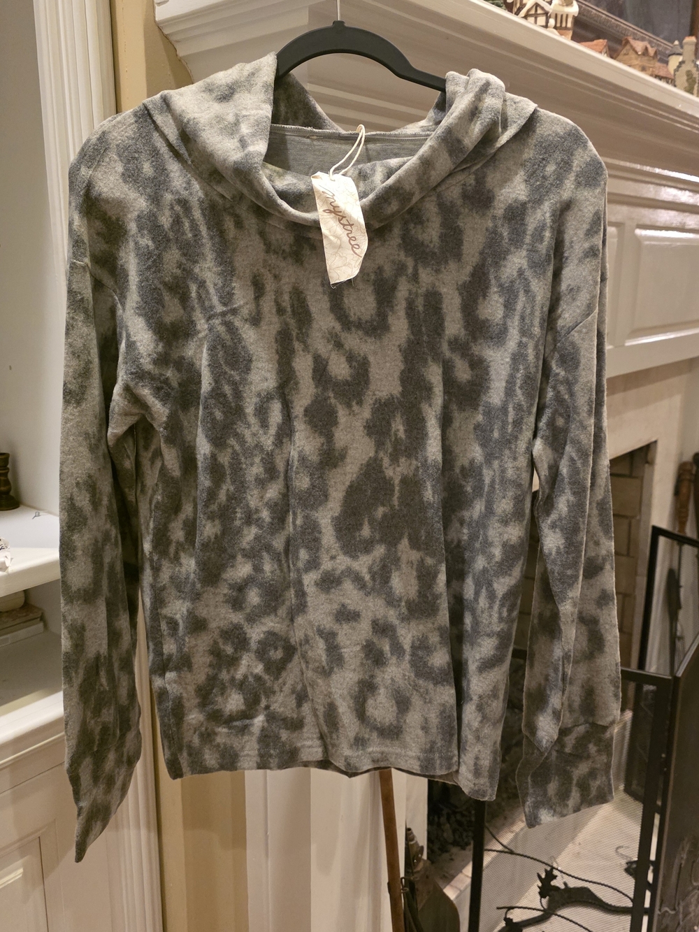 Mystree Gray Leopard-Print Cowl Neck Sweater
